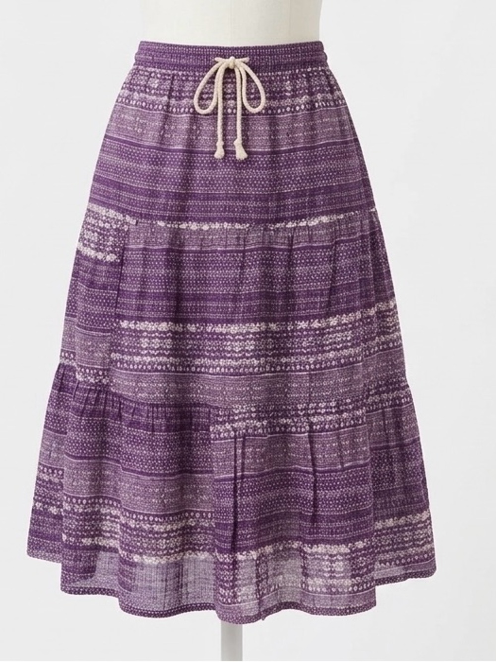Women's Laura Scott Purple Cotton Bohemian Geometric Tiered Midi Skirt Size XL
